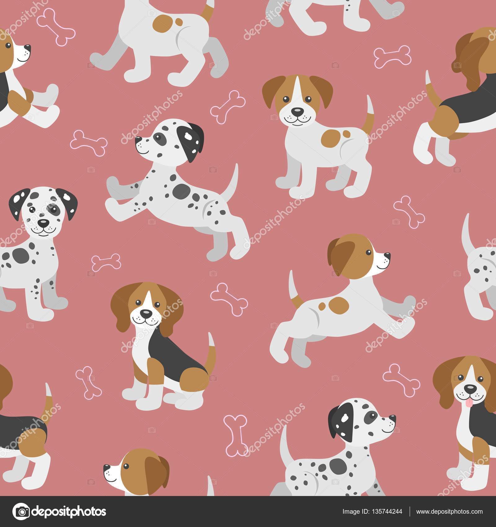 Patrón sin costura vectorial con lindos cachorros de perro de dibujos  animados . Vector de stock #135744244 de ©imaginasty., image size:1600x1700