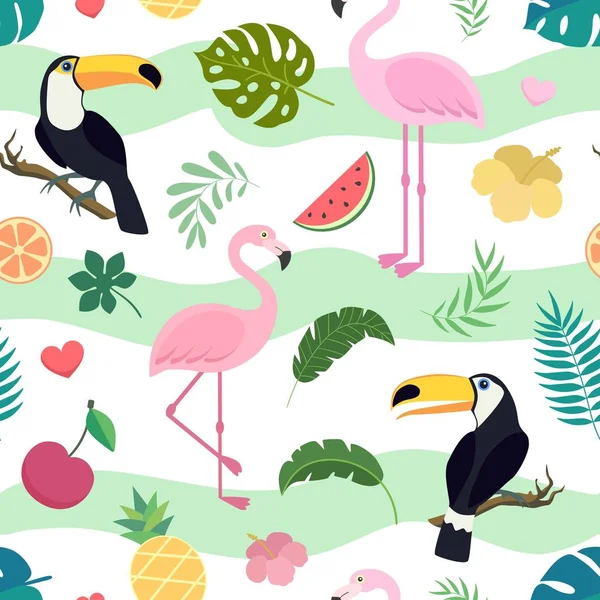 Toucan kuşu ve flamingo ile vektör dikişsiz tropikal desen