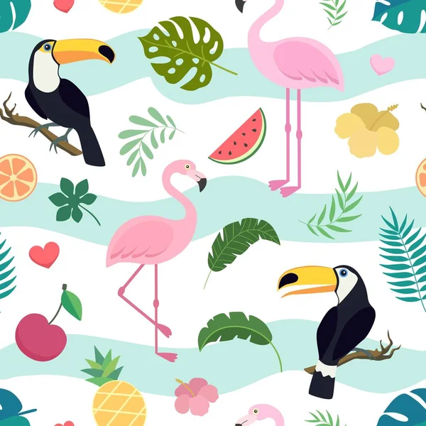 Toucan kuşu ve flamingo ile vektör dikişsiz tropikal desen