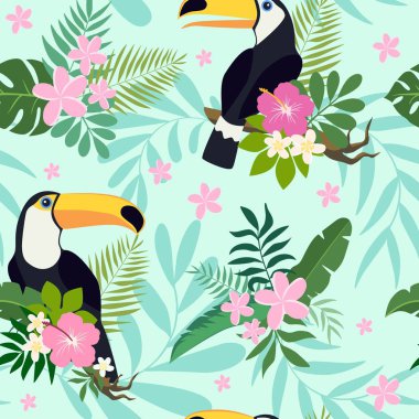 Vektör yaprak ve çiçek ile tropikal dalları kuşlarda toucan ile seamless modeli