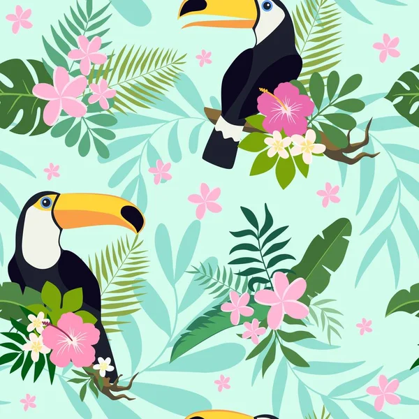 Patrón sin costura vectorial con pájaros tucanes en ramas tropicales con hojas y flores — Archivo Imágenes Vectoriales