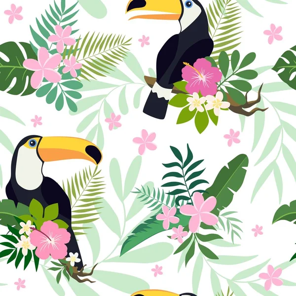 Modello senza cuciture vettoriale con uccelli tucano su rami tropicali con foglie e fiori — Vettoriale Stock