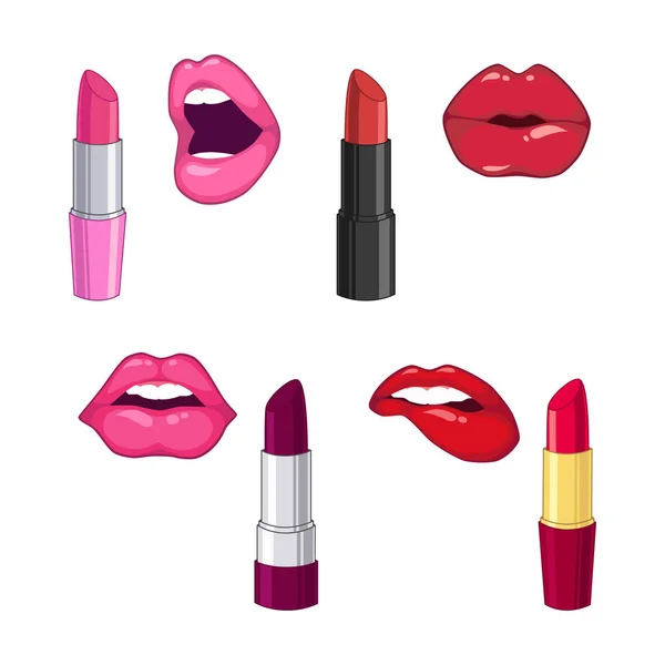 Set con sexy vector de labios y lápices labiales — Vector de stock