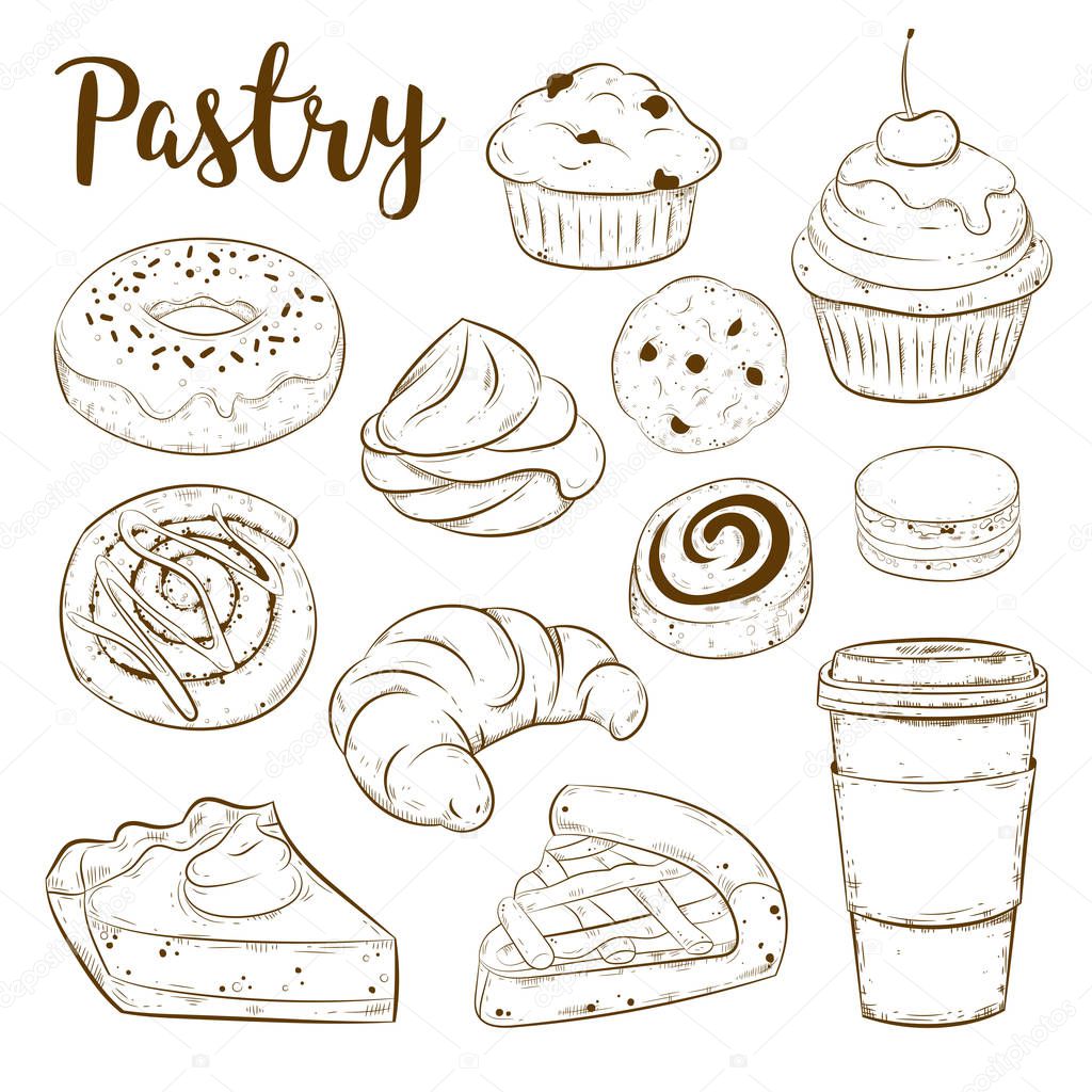 Vector set with pasty goods. Baked tasty food and coffee.
