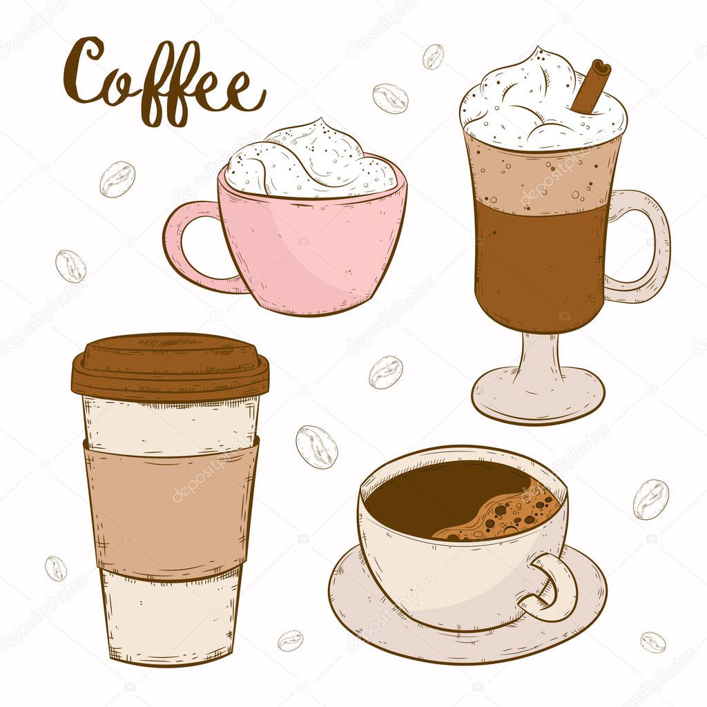 Vector set with  coffee. Design elements, sketch illustrations.