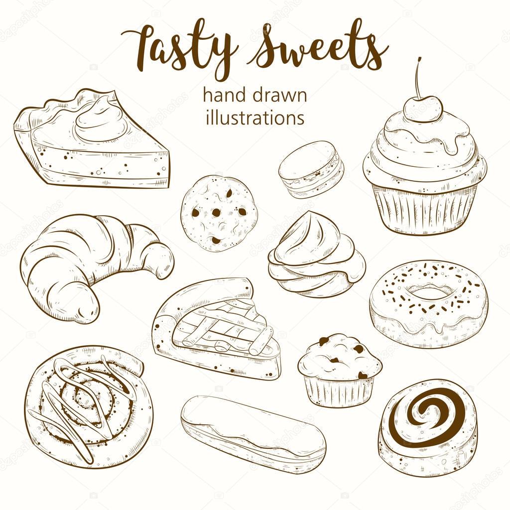Vector set with pasty goods. Baked tasty sweets