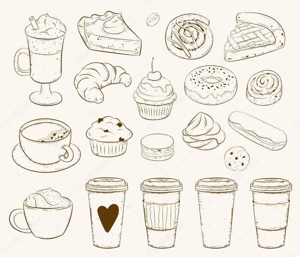 Vector set with pasty goods. Baked tasty food and coffee