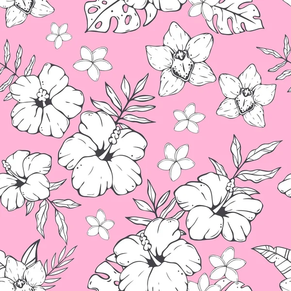 Seamless pattern with doodles and sketches of tropical leaves and flowers. — Stock Vector