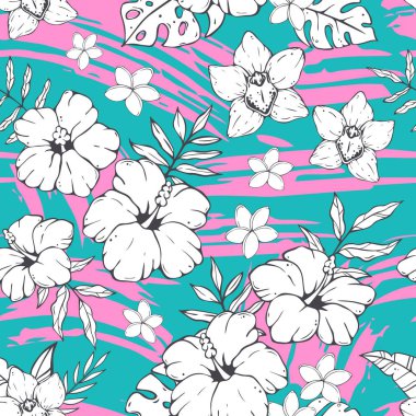 Karalamalar ve tropikal yaprak ve çiçek çizimler ile Seamless Modeli.