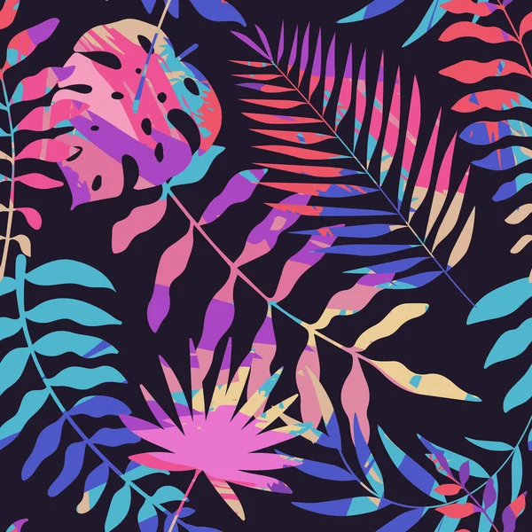 Parlak ve renkli ve soyut tropikal yaprakları ile Seamless Modeli