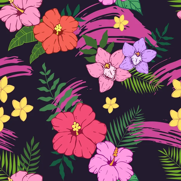 Motif sans couture avec feuilles et fleurs tropicales — Image vectorielle