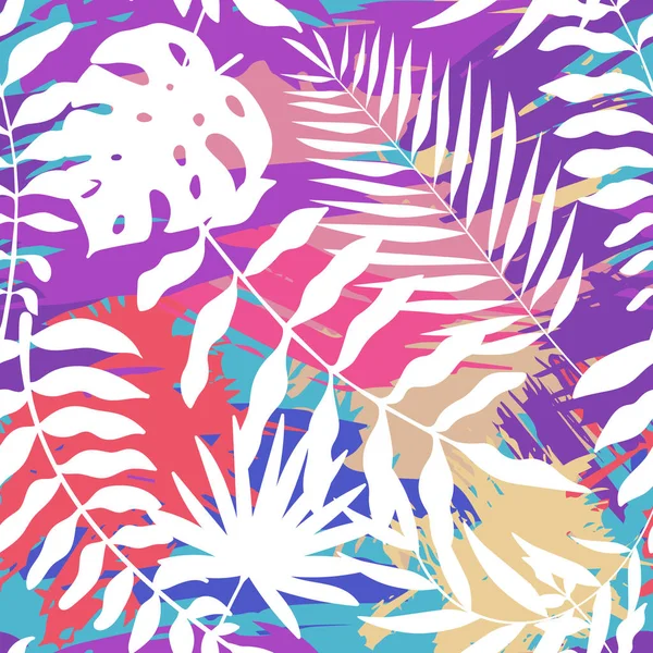 Modèle sans couture avec des feuilles tropicales lumineuses et colorées et abstraites — Image vectorielle
