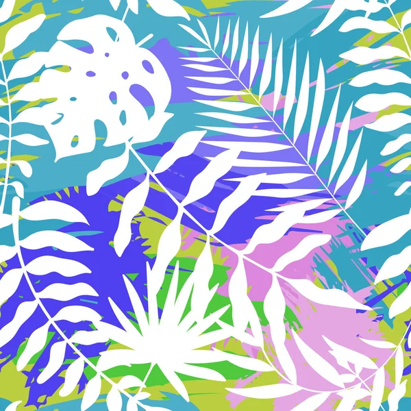 Бесшовный узор с яркими и красочными и абстрактными тропическими листьями — стоковый вектор