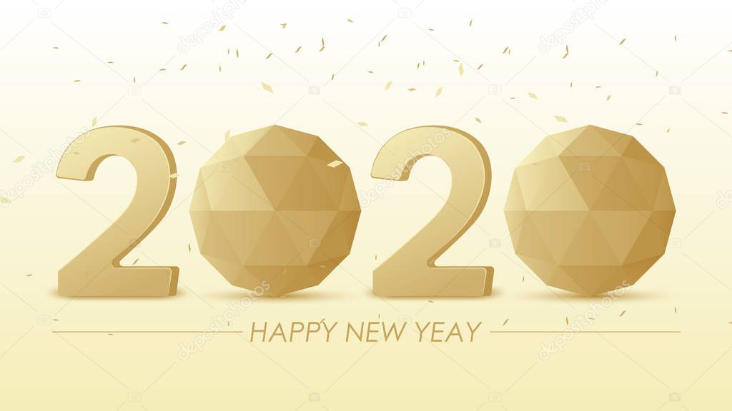 3D Golden 2020 text with polygon sphere on white Background. 