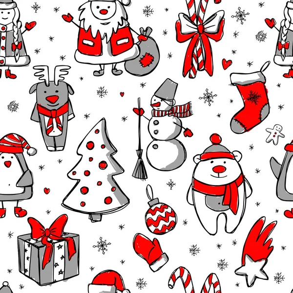 Nový rok a Vánoce bezešvé pozadí se zimní ručně kreslené Doodle — Stockový vektor
