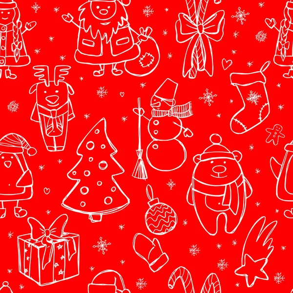 Nový rok a Vánoce bezešvé pozadí se zimní ručně kreslené Doodle — Stockový vektor