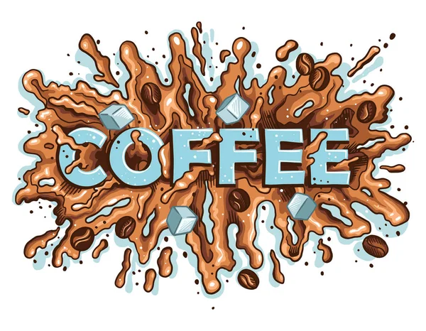 Café, mancha derramada, spray de café. Letras da cor do café . —  Vetores de Stock