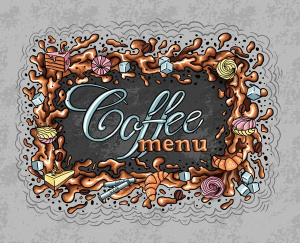 Cadre de café, éclaboussures de café et bonbons, croissants gâteau, menu — Image vectorielle