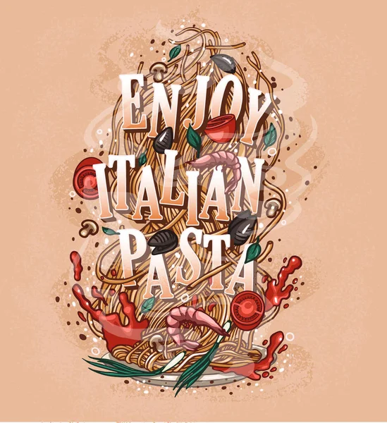 Inscription to enjoy Italian cuisine pasta, ready-made design — Stock vektor