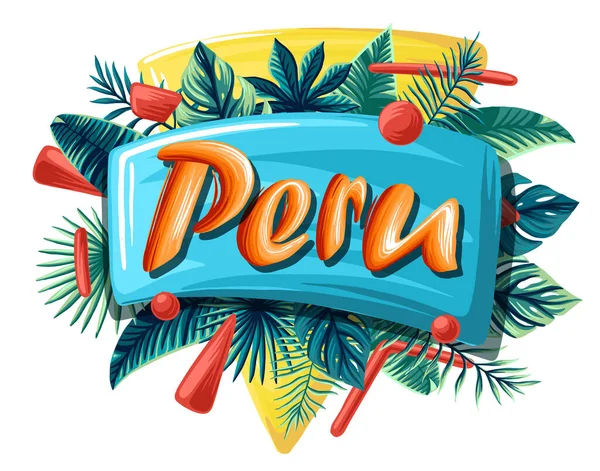 Peru tropical leaves bright banner orange letters — Stock Vector