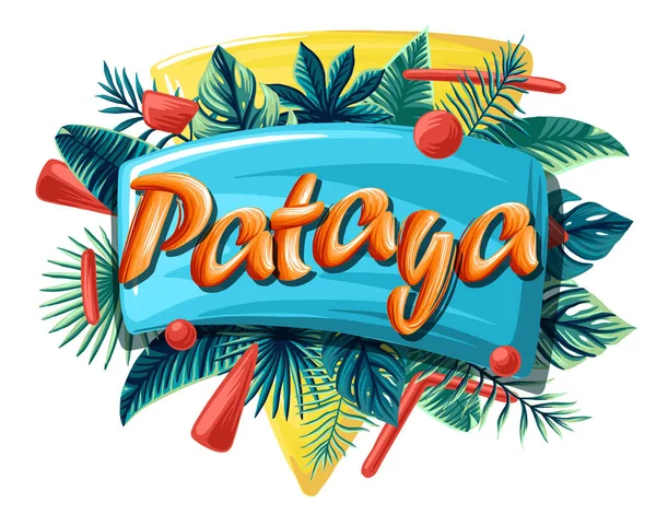 Pataya folhas tropicais banner brilhante letras laranja —  Vetores de Stock