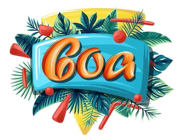 Goa folhas tropicais banner brilhante letras laranja —  Vetores de Stock