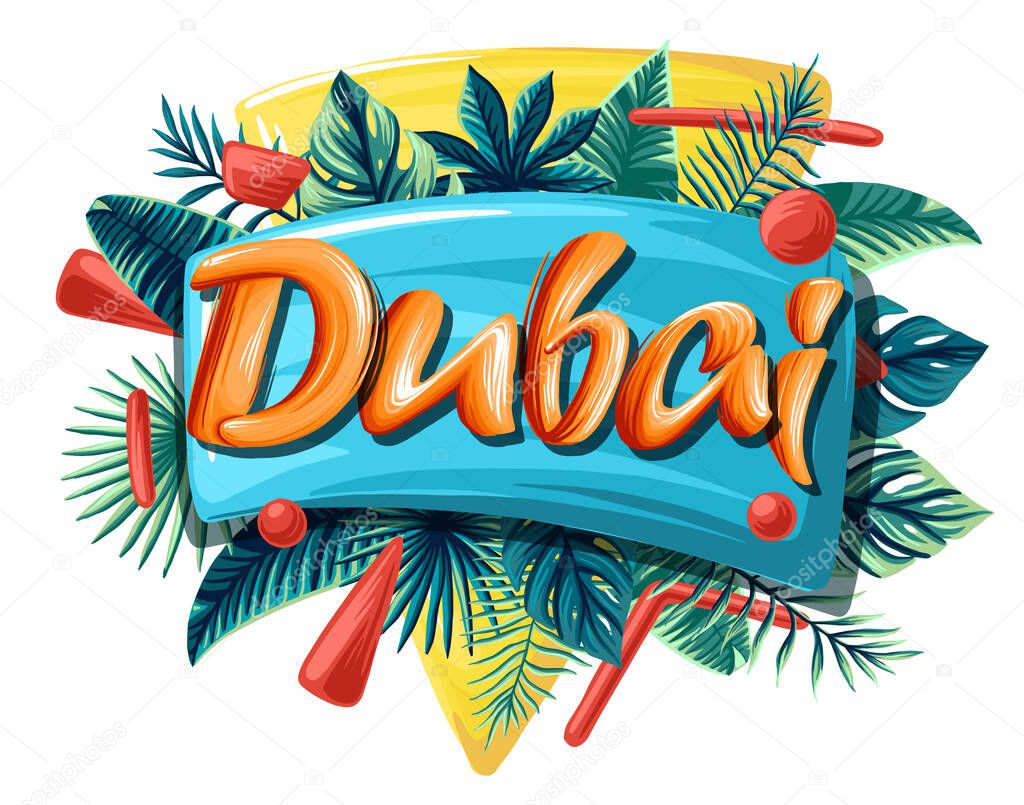 Dubai tropical leaves bright banner orange letters