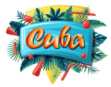Cuba tropical leaves bright banner orange letters clipart