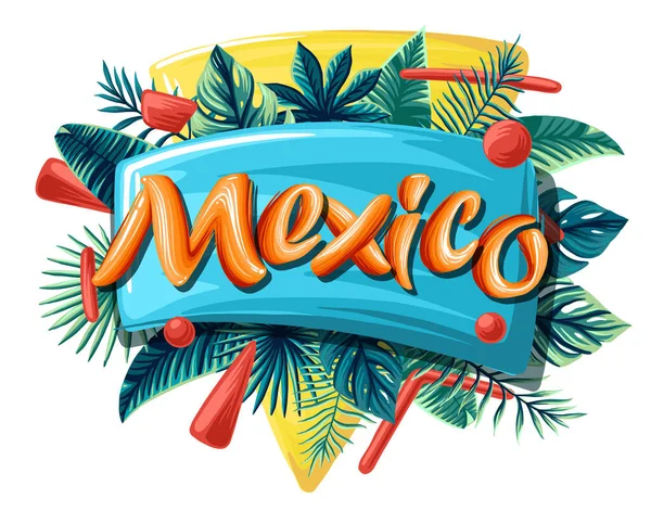 México hojas tropicales banner brillante naranja letras — Archivo Imágenes Vectoriales