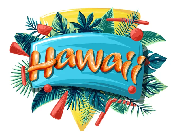 Aloha Hawaii folhas tropicais banner brilhante letras laranja —  Vetores de Stock