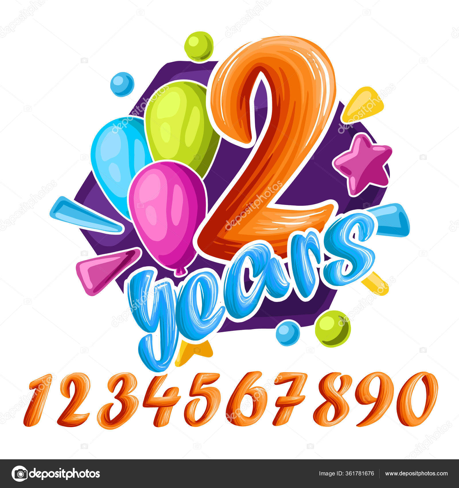 Feliz segundo cumpleaños tarjeta de aniversario, vector ilustración 2 años  conjunto Vector de stock #361781676 de ©elenbushe.gmail.com, image size:1600x1700