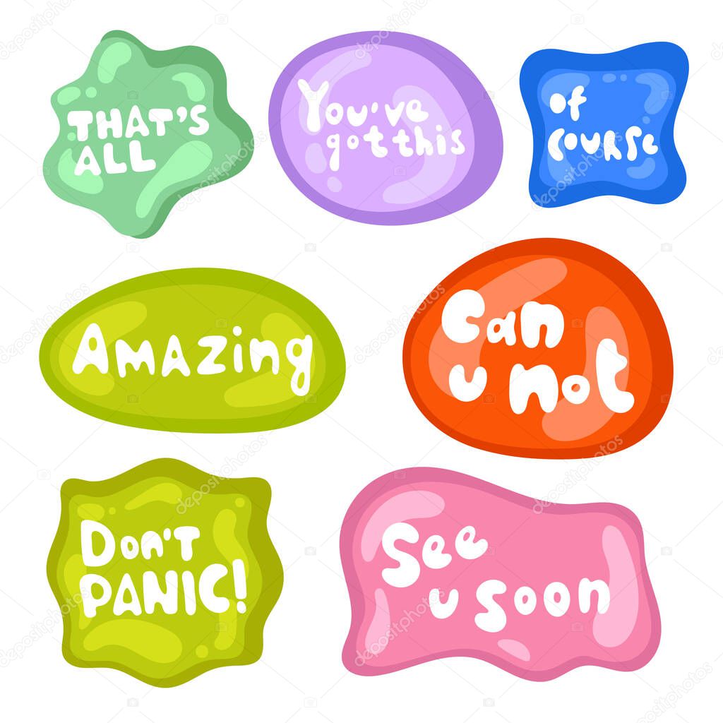 Collection of vector multicolored glossy stickers on white background. Teens millenials culture. Set of stickers on different shapes. Cool expression, slang, comics, gaming style, web, speech bubbles.