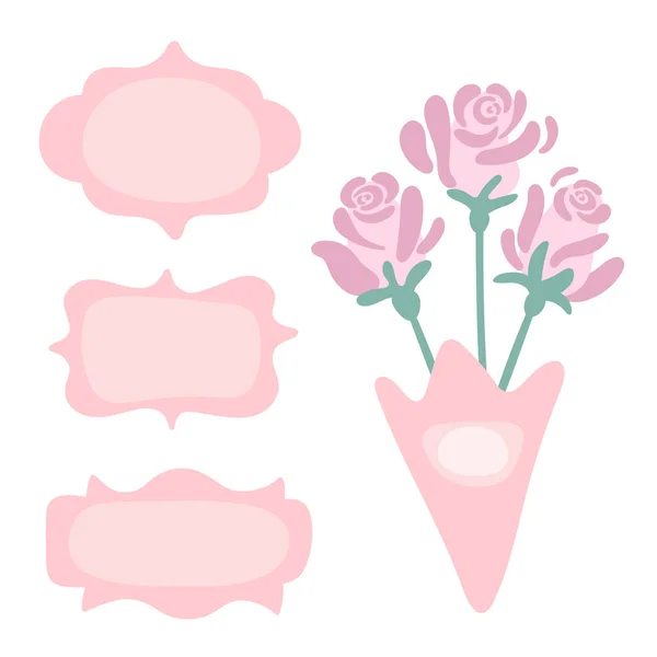 Три Тонких Розовых Винтажных Рамки Местом Текста Букет Трех Роз — стоковый вектор