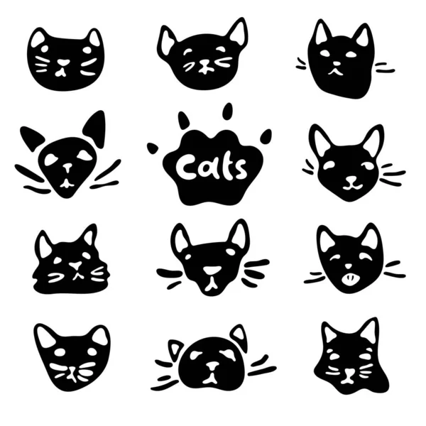 Cabeça Gatos Preto Branco Bonito Definido Com Emoções Desenhos Animados — Vetor de Stock