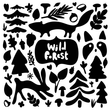 Wild forest set constructor of cartoon black silhouettes isolated on white. Raccoon, mink and hare hid in the forest. Black and white square greeting card. For cards, t-shirt printing and your design. vector