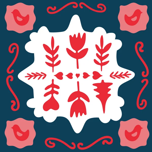 İlkbahar, Mutlu Noeller halk karalaması sanat karoları. Geleneksel geometrik şekilli, neşeli renklerde İskandinav tarzı. Folklor, fayans, peçete, bardak altlığı ve kartpostallar için elementleri tırmandırır