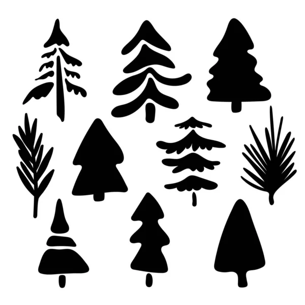 Collection Coniferous Trees Silhouettes Christmas Shapes Stylized Trees Needles Branches — Stock Vector