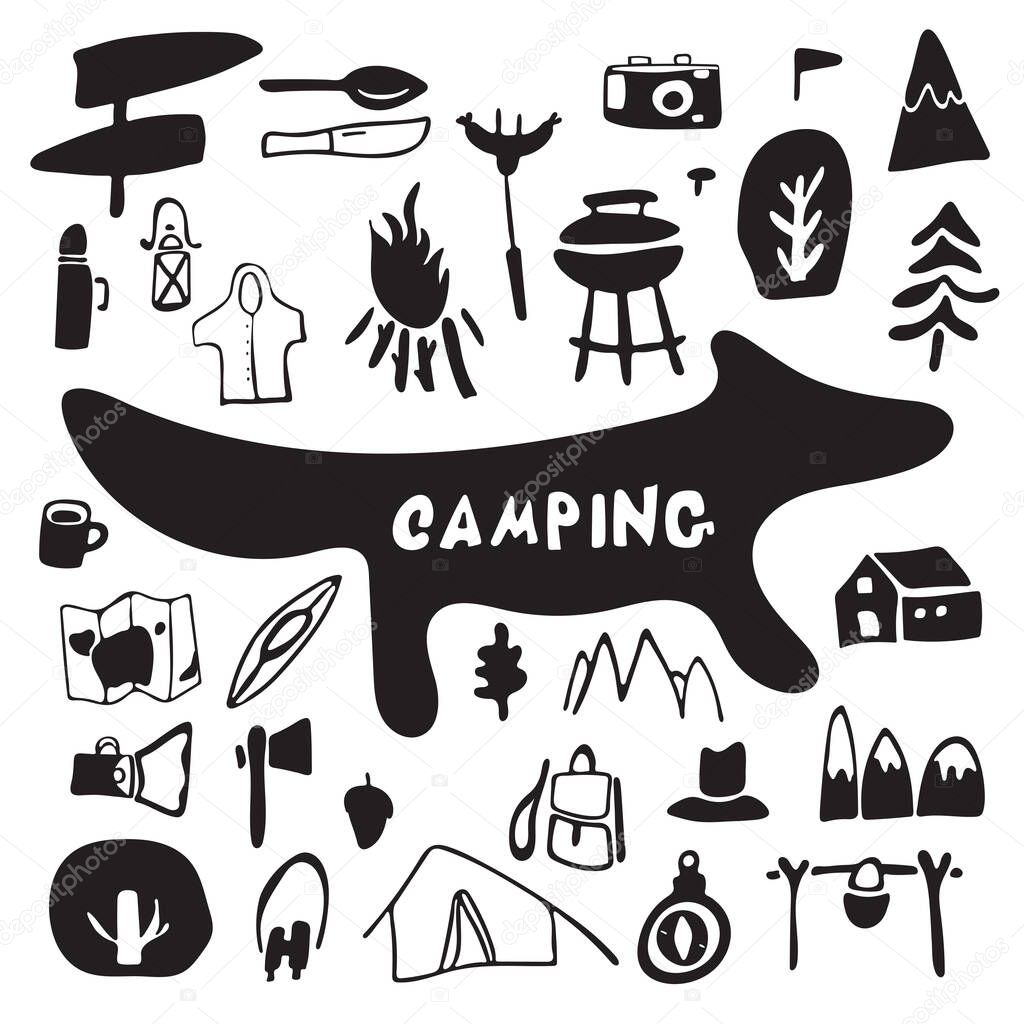 Camping doodle set. Vector sketch illustration. Camping and Travel items.