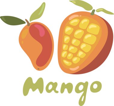 Olgun sarı, turuncu, kırmızı bütün ve beyaz arkaplanda yaprak olan dilimlenmiş mango küpleri. Mango logo vektör şablonu.