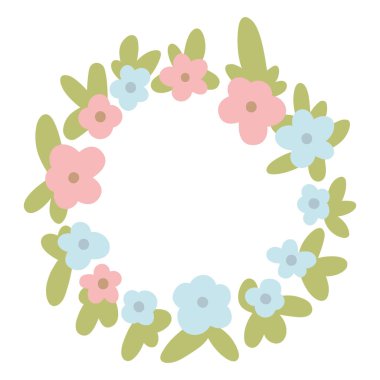 Yuvarlak pembe, yeşil ve mavi ilkbahar çiçek vektör çelengi.