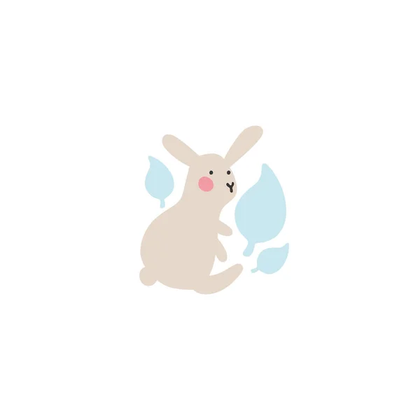 可爱的小野兔坐在那里 把蓝色的叶子夹在混乱的状态中 为新生儿制作专辑 装饰儿童房 纺织品 明信片或复活节设计的想法 — 图库矢量图片
