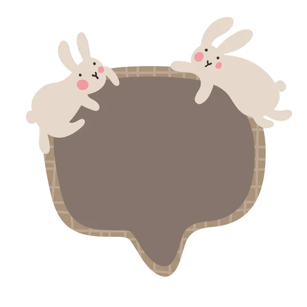文字泡沫与两个Kawaii兔子谁坐在一个棕色检查框的文字 病媒苗圃说明 柔和的色泽 — 图库矢量图片