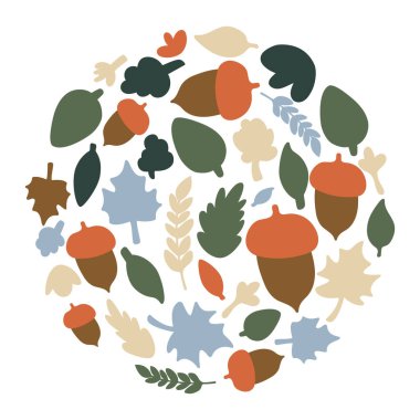 Yuvarlak sonbahar çiçekli, stilize çayır çiçekleri. Autumn Leaves ile soyut çember. İzole vektör illüstrasyonu