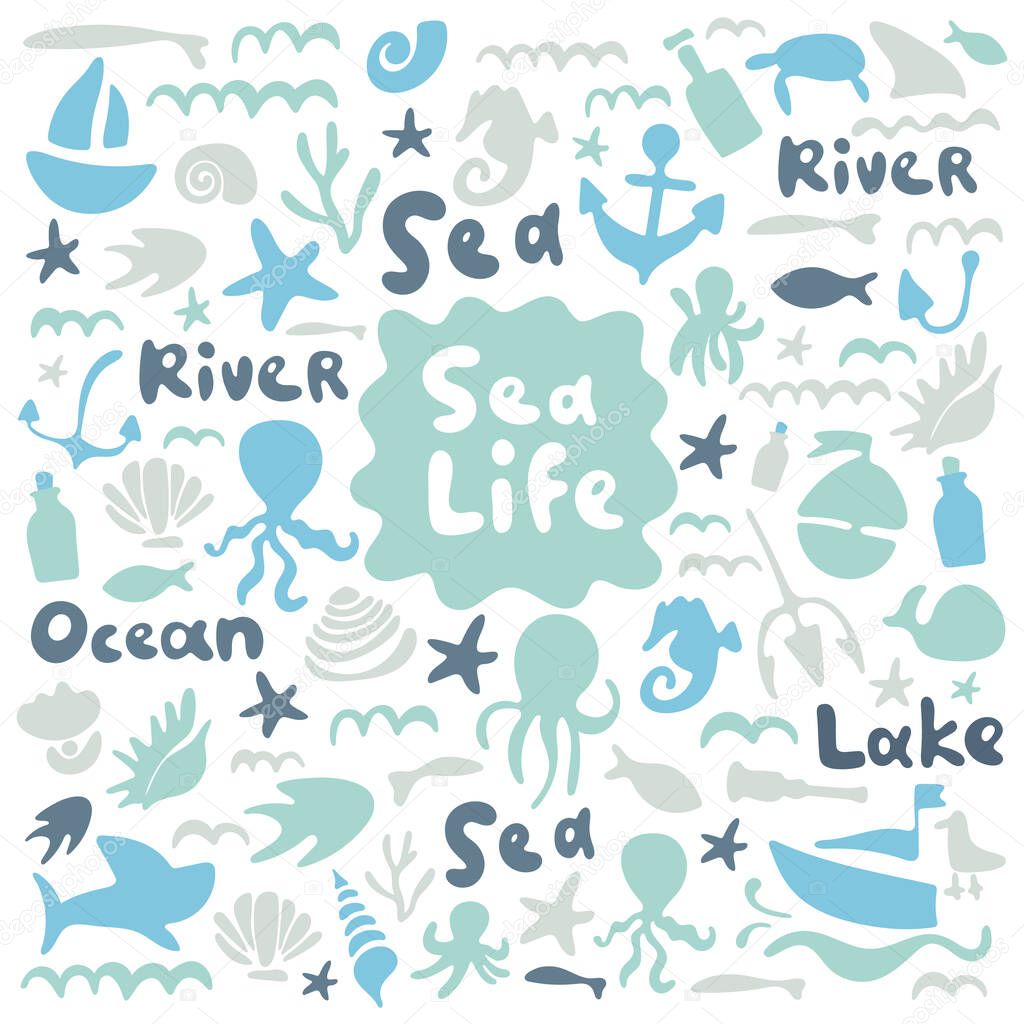 Sea life, ocean trip, underwater world, summer marine cruise. Stock doodle flat illustration. Blue, indigo, mint. Text sea, lake, ocean, river. Good for boys room, postcard kindergarten baby shower.