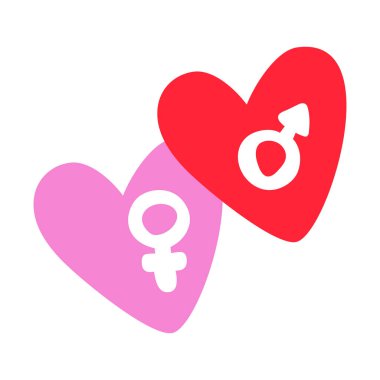 Sevgililer Günün kutlu olsun. Kadın ve erkeğin kesiştiği cinsiyet sembolüne sahip iki kalp. Kartpostal ya da hediye fikri. Kare biçiminde. Doodle tarzı. Kırmızı ve Pembe Kalpler.