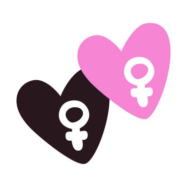 Sevgililer Günün kutlu olsun. Kadın ve dişinin kesiştiği cinsiyet sembolüne sahip iki kalp. Kartpostal ya da hediye fikri. Kare biçiminde. Doodle tarzı. Siyah ve Pembe Kalpler.