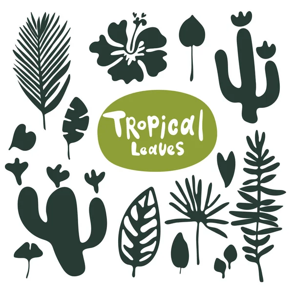 Tropik karalama koleksiyonu bırakır. Beyaz arkaplanda izole edilmiş vektör siluetleri kümesi