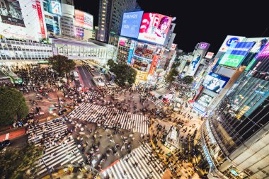Tokyo, Japonya - 3 Kasım 2019: kalabalık insanlar yürüyor, Shibuya 'da trafik geceleri karışıyor. Tokyo turistik merkezi, Japonya turizmi, Asya ulaşımı veya Asya şehir yaşamı kavramı