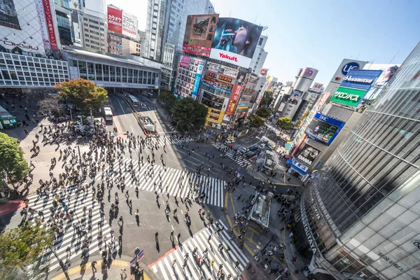 東京都 2019年11月5日 渋谷スクランブル交差点の混雑した歩行者 車の交通 高い角度のビュー 東京観光名所 日本の観光 アジア交通機関やアジアの都市生活の概念 — ストック写真