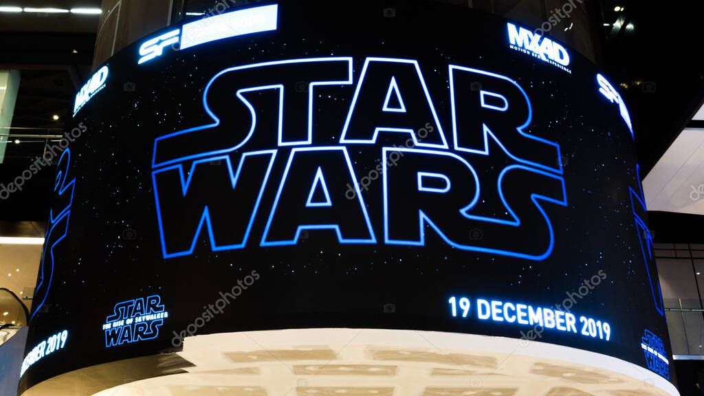 Bangkok, Thailand - Nov 30, 2019: Star Wars The Rise of Skywalker movies logo advertising on LED display screen in cinema theatre. Movie advertisement or film entertainment industry concept